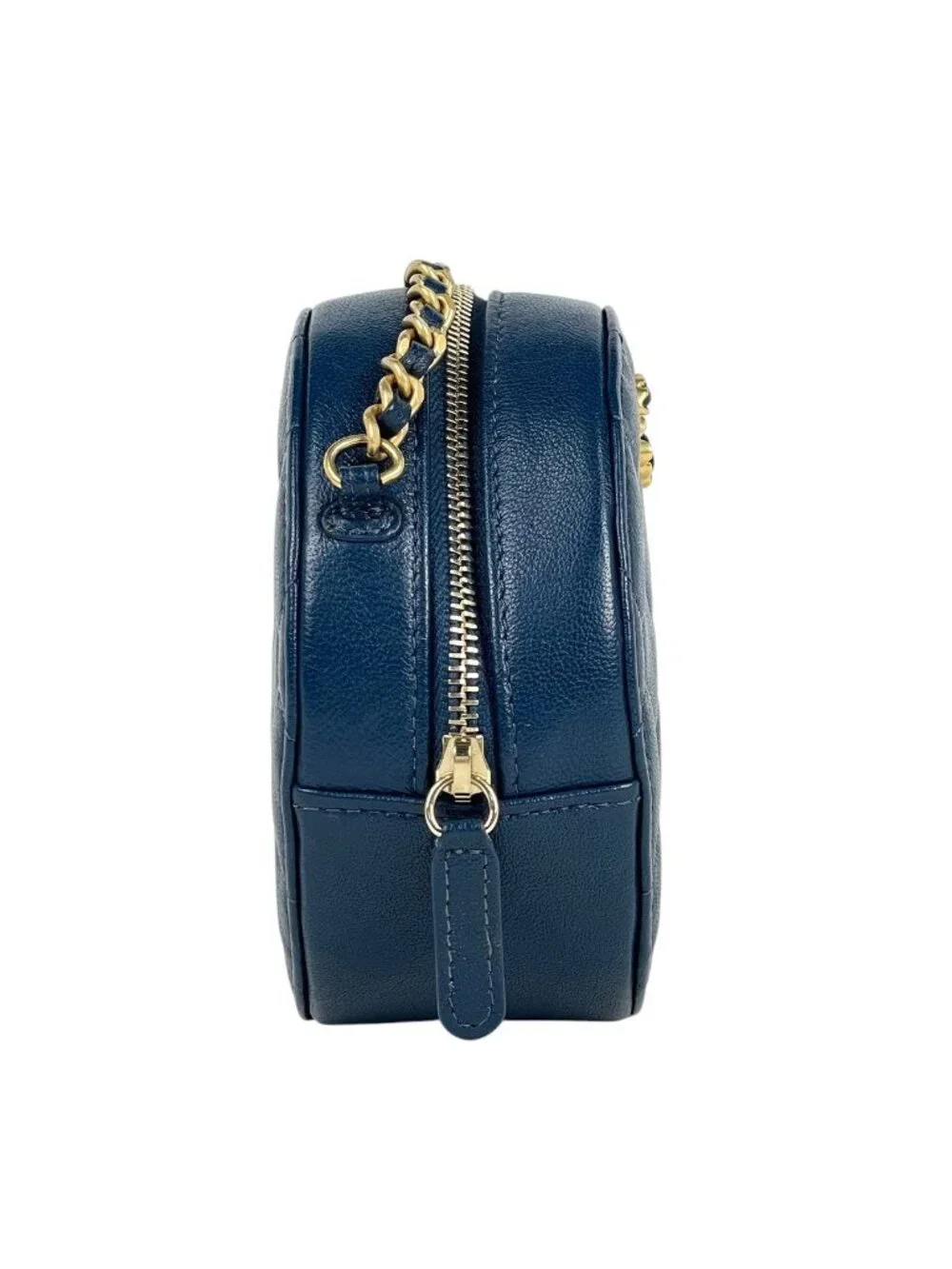 Chanel CC Logo Chain Shoulder Bag Quilted Round Leather Blue